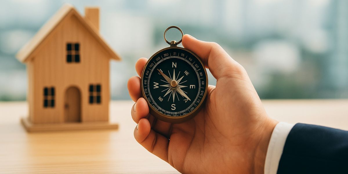 Close-up of a hand holding a compass in front of a small wooden house, symbolizing mortgage brokers navigating real estate regulations.