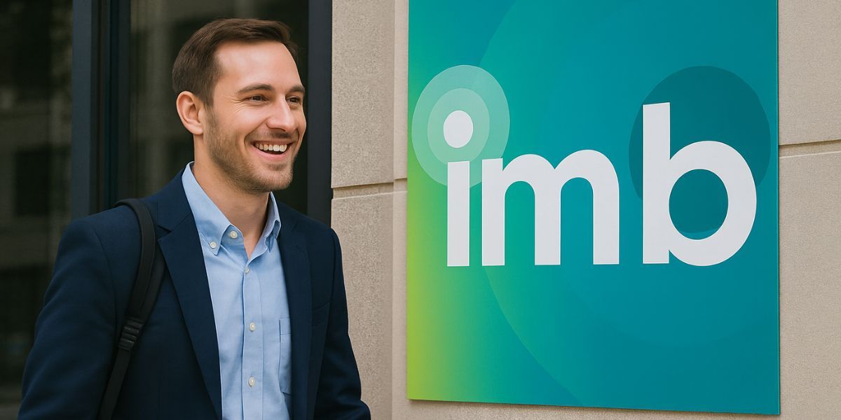 Smiling mortgage professional standing beside IMB™ signage, representing confidence and success as an independent broker.