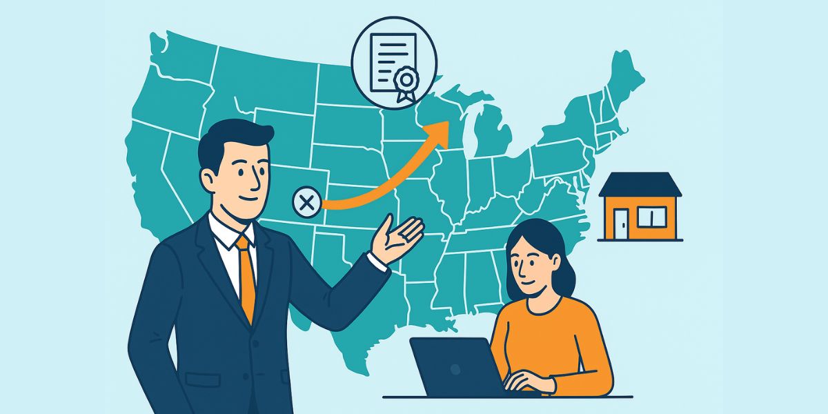 Illustration of two mortgage professionals discussing licensing across U.S. states, symbolizing business expansion for independent brokers.