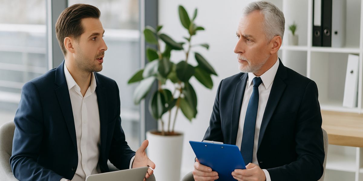 Two professional men in business suits discussing documents, representing mortgage brokers consulting with IMB™ for compliance support.