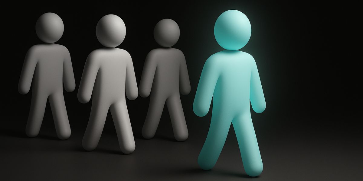 A glowing teal figure walking ahead of a group of gray figures, symbolizing how IMB™ stands out as a leader in mortgage broker compensation and performance.