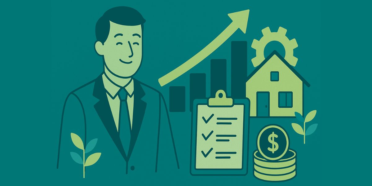 a successful mortgage broker next to positive charts, graphs and money 