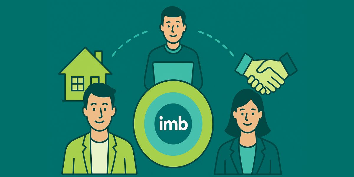 smiling mortgage brokers around IMB logo