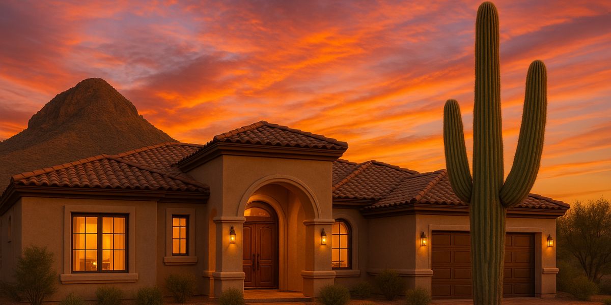 Luxury home and cactus during sunset in Arizona.