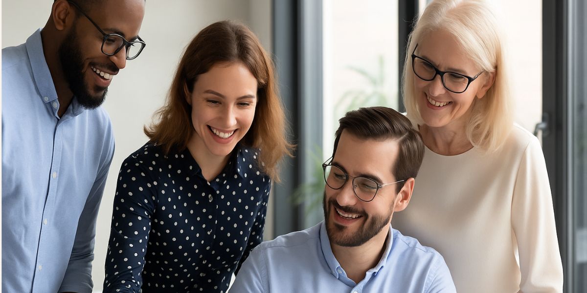 Group of smiling professionals collaborating around a table, representing the supportive community and shared resources available to mortgage brokers outside traditional banks.