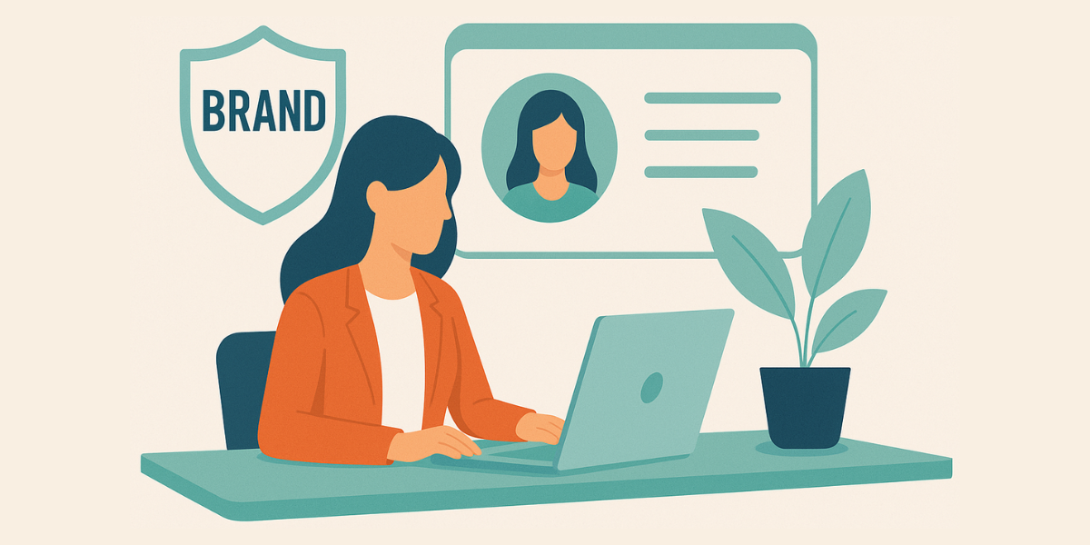 Illustration of a businesswoman working on a laptop with branding icons and profile graphics, symbolizing mortgage brokers building their personal brand and professional identity outside retail banks.