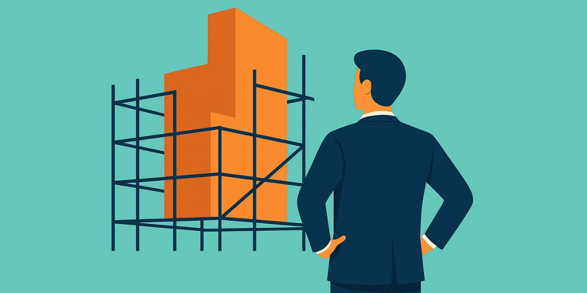 Illustration of a businessman observing a building under construction, symbolizing mortgage brokers building a strong business foundation.