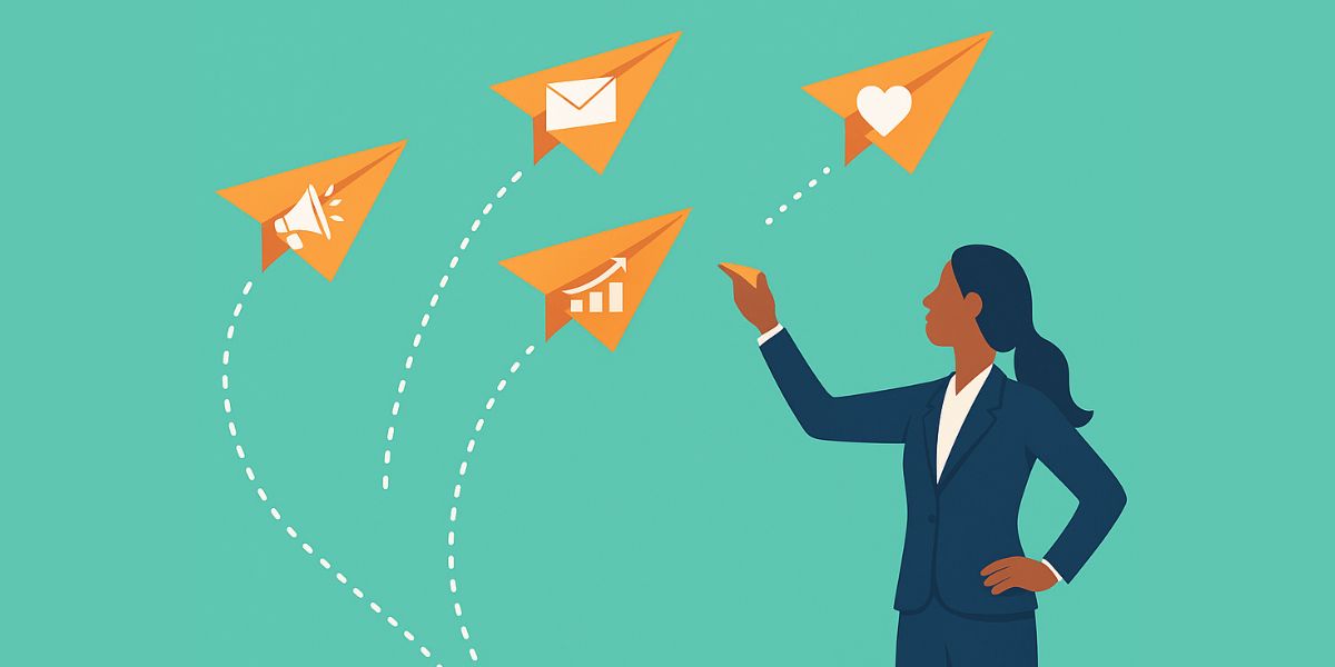 Illustration of a businesswoman launching paper planes symbolizing marketing, communication, and growth for mortgage brokers.