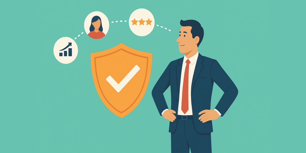 Illustration of a confident businessman standing beside a shield with a checkmark, symbolizing client trust and mortgage broker credibility.