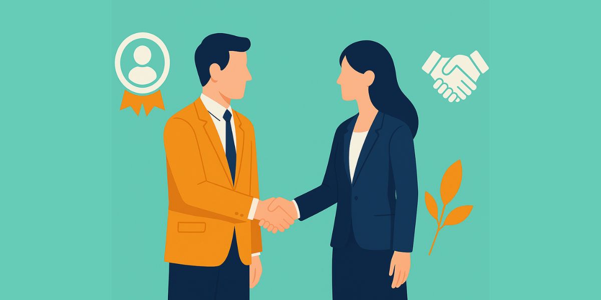Illustration of two business professionals shaking hands, representing mortgage brokers building trust and personal branding.