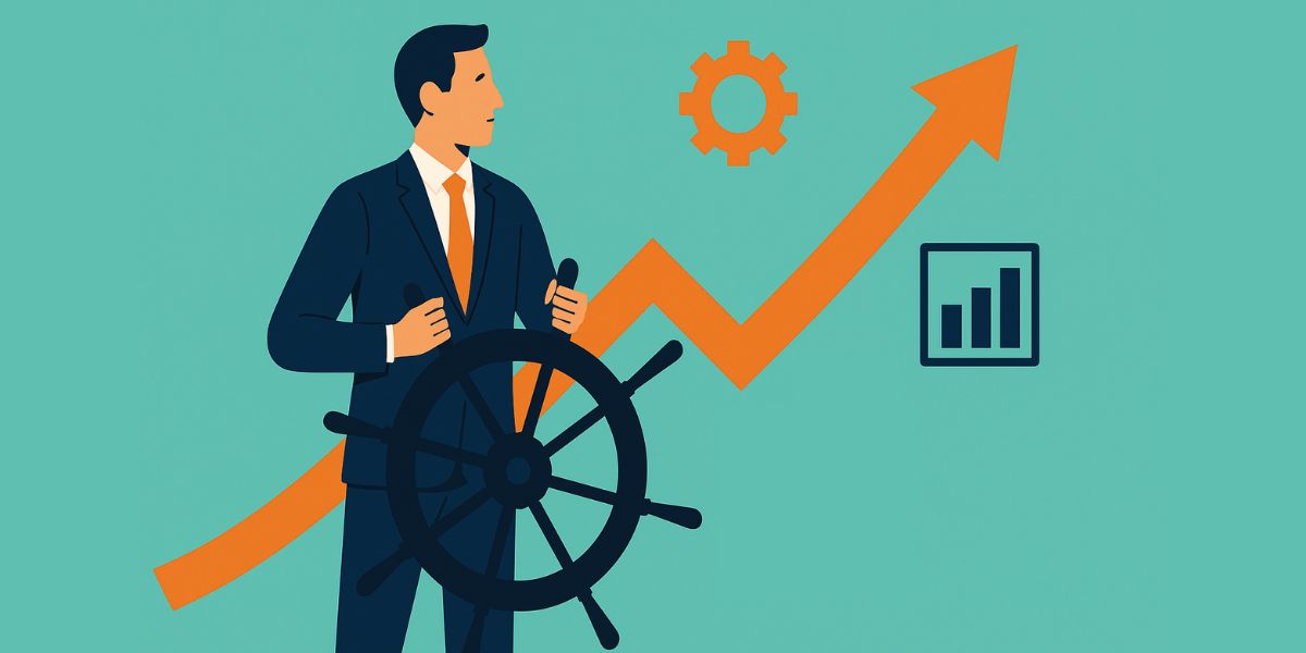 Illustration of a businessman steering a ship’s wheel with an upward arrow, symbolizing mortgage brokers taking control of business growth.