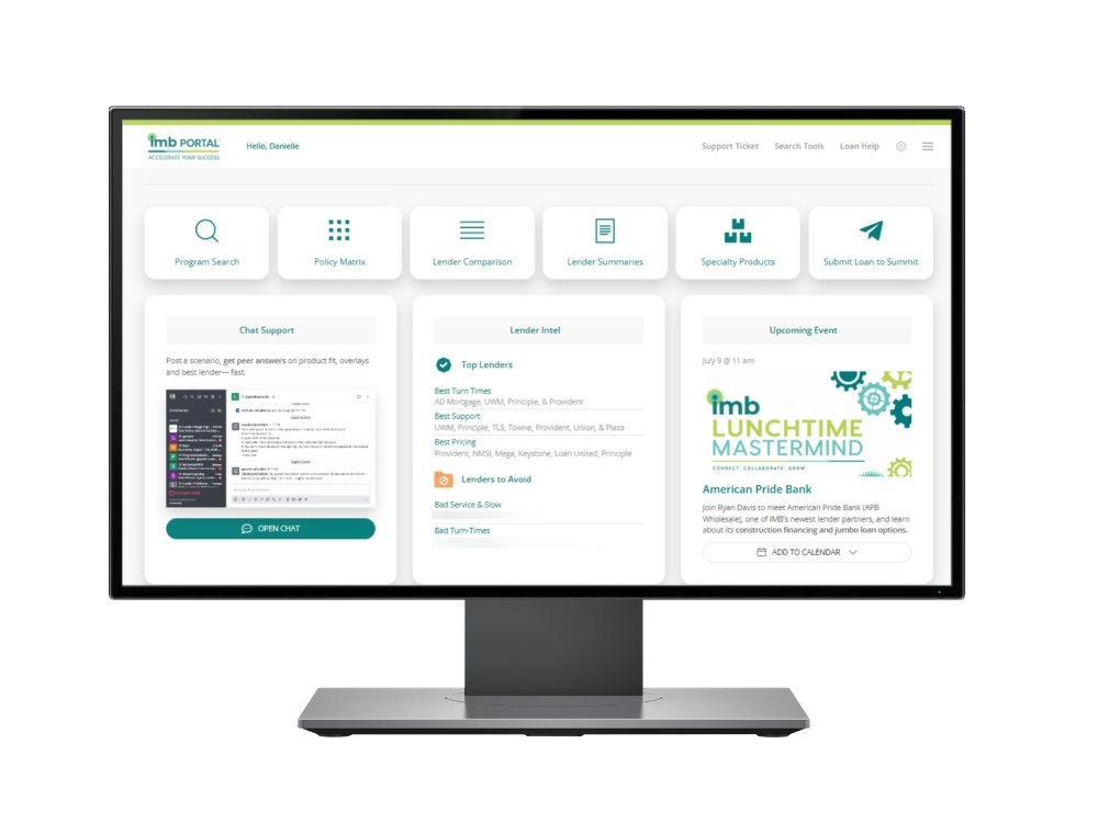 IMB platform displayed on a laptop and mobile device, supporting independent mortgage brokers.