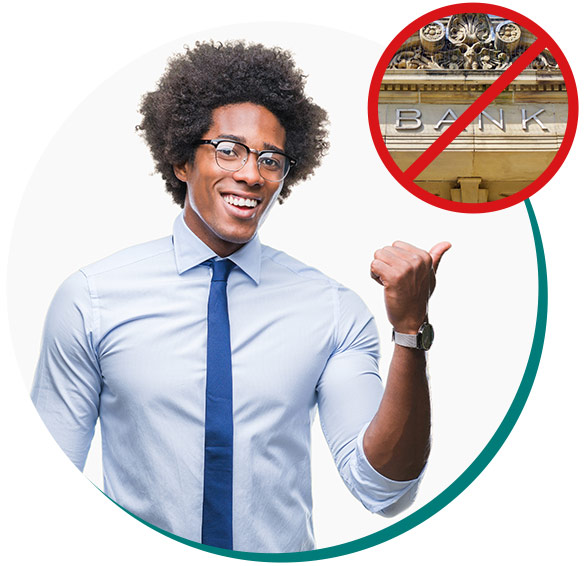 Independent mortgage broker promoting the elimination of big banks with a no middleman sign.